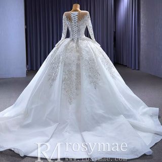 Luxury Dubai Long Sleeve Beaded Sequins Puffy Wedding Dress - Rosymae