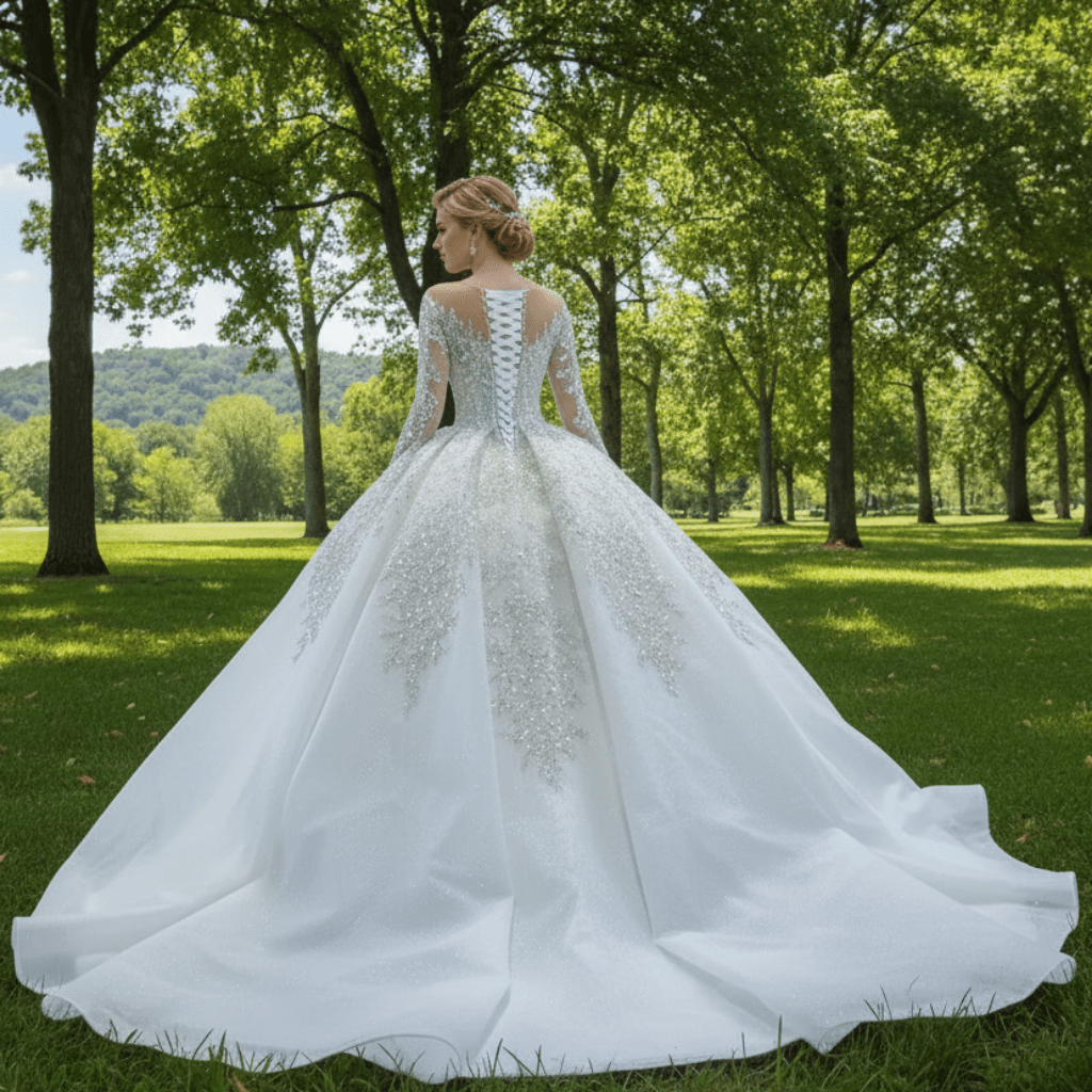 Luxury Dubai Long Sleeve Beaded Sequins Puffy Wedding Dress - Rosymae