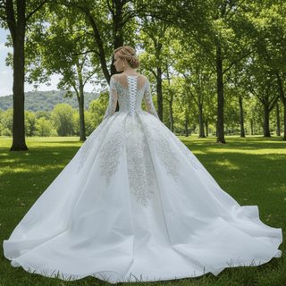 Luxury Dubai Long Sleeve Beaded Sequins Puffy Wedding Dress - Rosymae