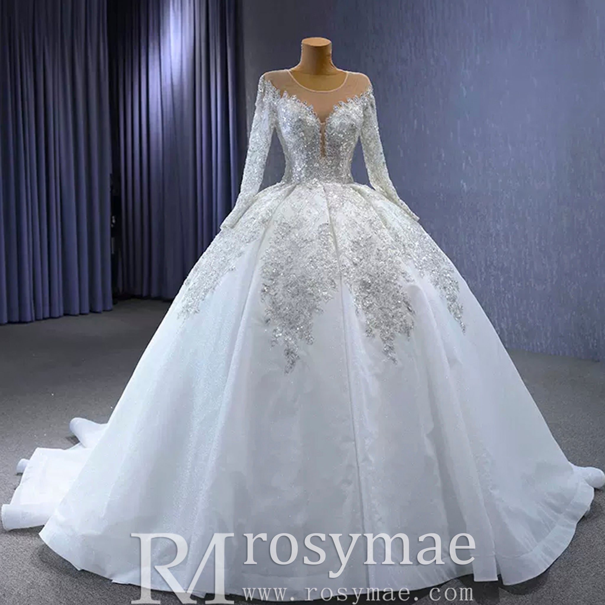 Luxury Dubai Long Sleeve Beaded Sequins Puffy Wedding Dress - Rosymae