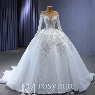 Luxury Dubai Long Sleeve Beaded Sequins Puffy Wedding Dress - Rosymae