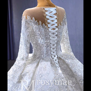 Luxury Dubai Long Sleeve Beaded Sequins Puffy Wedding Dress - Rosymae