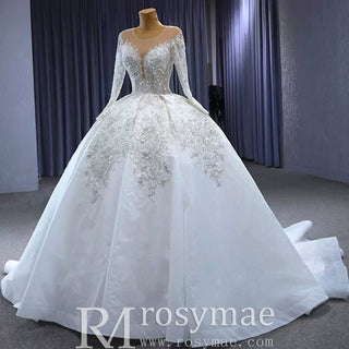 Luxury Dubai Long Sleeve Beaded Sequins Puffy Wedding Dress - Rosymae