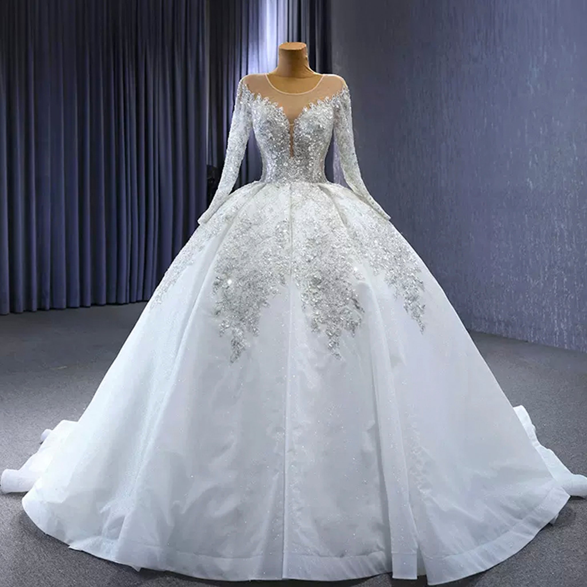 Luxury Dubai Long Sleeve Beaded Sequins Puffy Wedding Dress - Rosymae