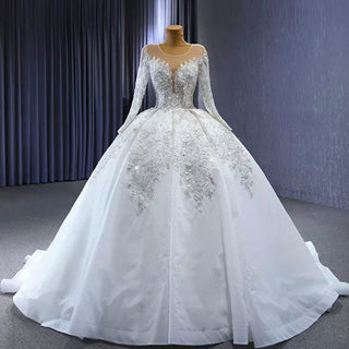 Luxury Dubai Long Sleeve Beaded Sequins Puffy Wedding Dress - Rosymae