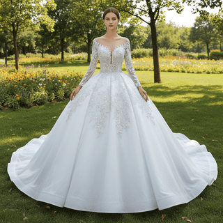 Luxury Dubai Long Sleeve Beaded Sequins Puffy Wedding Dress - Rosymae