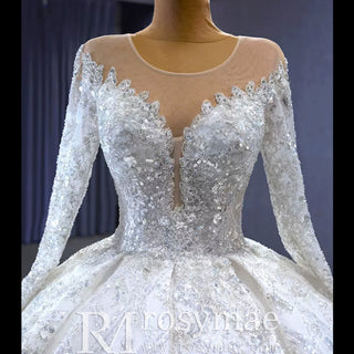 Luxury Dubai Long Sleeve Beaded Sequins Puffy Wedding Dress - Rosymae