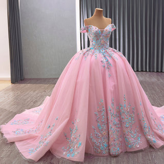 Luxury & Elegant Puffy 15 16 Pink Quinceanera Dresses with Off the Shoulder - Rosymae