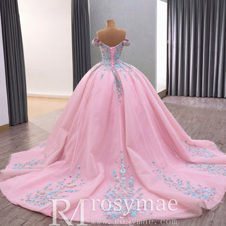 Luxury & Elegant Puffy 15 16 Pink Quinceanera Dresses with Off the Shoulder - Rosymae