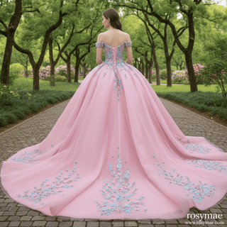 Luxury & Elegant Puffy 15 16 Pink Quinceanera Dresses with Off the Shoulder - Rosymae