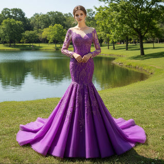Luxury Evening Wear Long Sleeve Lace Party Dress Purple Prom Gown - Rosymae