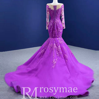Luxury Evening Wear Long Sleeve Lace Party Dress Purple Prom Gown - Rosymae