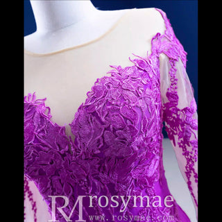 Luxury Evening Wear Long Sleeve Lace Party Dress Purple Prom Gown - Rosymae
