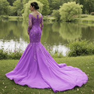 Luxury Evening Wear Long Sleeve Lace Party Dress Purple Prom Gown - Rosymae