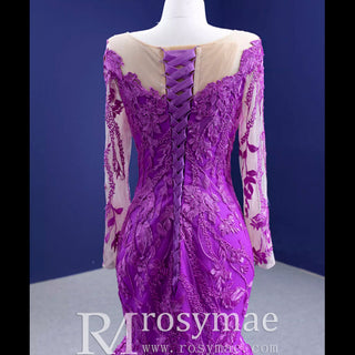 Luxury Evening Wear Long Sleeve Lace Party Dress Purple Prom Gown - Rosymae