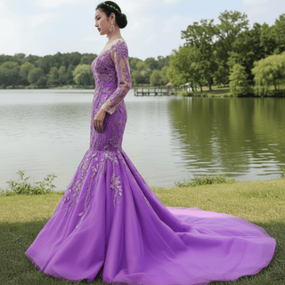 Luxury Evening Wear Long Sleeve Lace Party Dress Purple Prom Gown - Rosymae