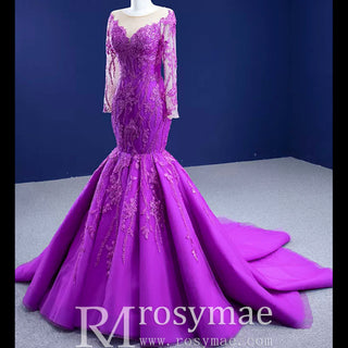 Luxury Evening Wear Long Sleeve Lace Party Dress Purple Prom Gown - Rosymae