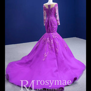 Luxury Evening Wear Long Sleeve Lace Party Dress Purple Prom Gown - Rosymae