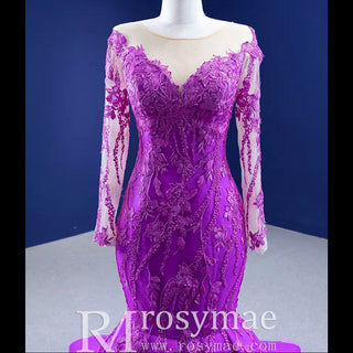 Luxury Evening Wear Long Sleeve Lace Party Dress Purple Prom Gown - Rosymae