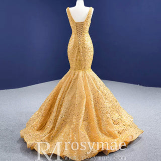 Luxury Gold Mermaid Vneck Wedding Dresses Trumpet Pageant Gown - Rosymae