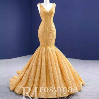 Luxury Gold Mermaid Vneck Wedding Dresses Trumpet Pageant Gown - Rosymae