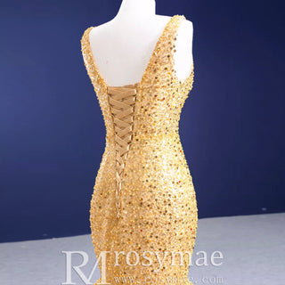 Luxury Gold Mermaid Vneck Wedding Dresses Trumpet Pageant Gown - Rosymae