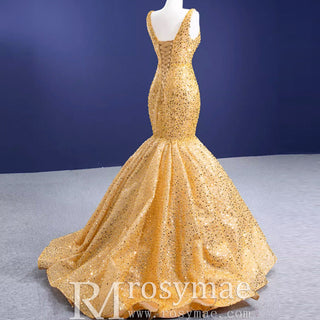 Luxury Gold Mermaid Vneck Wedding Dresses Trumpet Pageant Gown - Rosymae