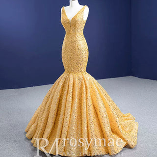 Luxury Gold Mermaid Vneck Wedding Dresses Trumpet Pageant Gown - Rosymae