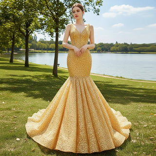 Luxury Gold Mermaid Vneck Wedding Dresses Trumpet Pageant Gown - Rosymae