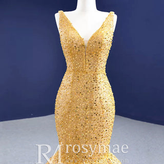 Luxury Gold Mermaid Vneck Wedding Dresses Trumpet Pageant Gown - Rosymae