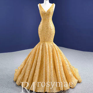 Luxury Gold Mermaid Vneck Wedding Dresses Trumpet Pageant Gown - Rosymae