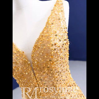 Luxury Gold Mermaid Vneck Wedding Dresses Trumpet Pageant Gown - Rosymae