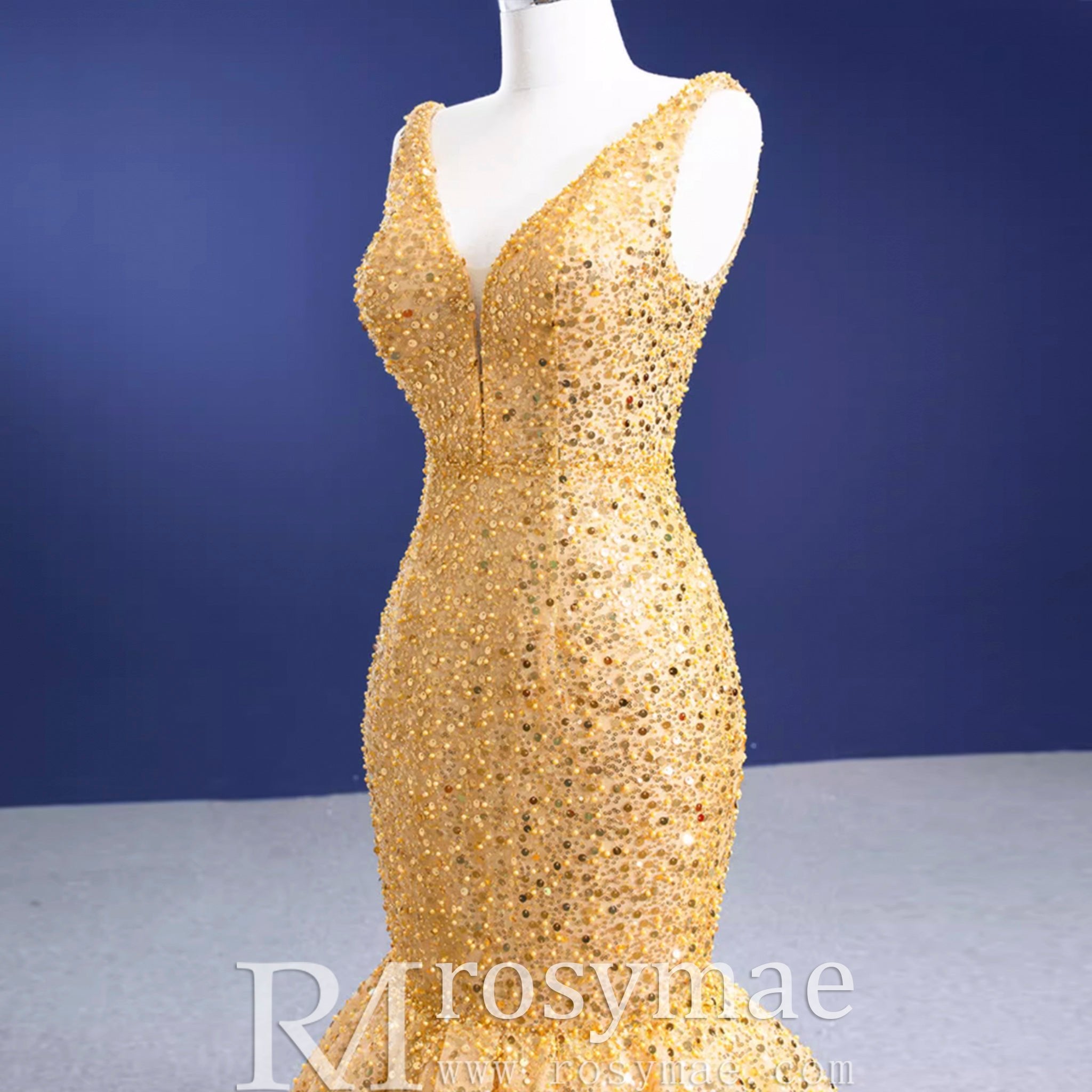 Luxury Gold Mermaid Vneck Wedding Dresses Trumpet Pageant Gown - Rosymae