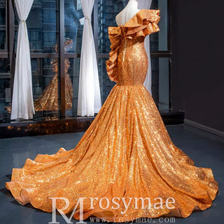Luxury Gold Sequin Mermaid Wedding Dress Glittery Pageant Gown - Rosymae