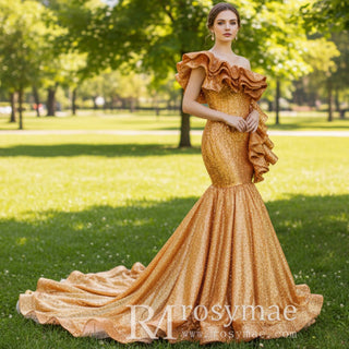 Luxury Gold Sequin Mermaid Wedding Dress Glittery Pageant Gown - Rosymae