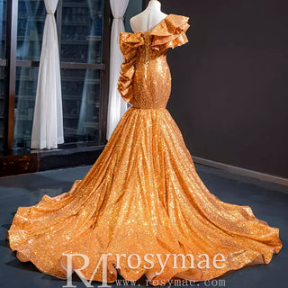 Luxury Gold Sequin Mermaid Wedding Dress Glittery Pageant Gown - Rosymae
