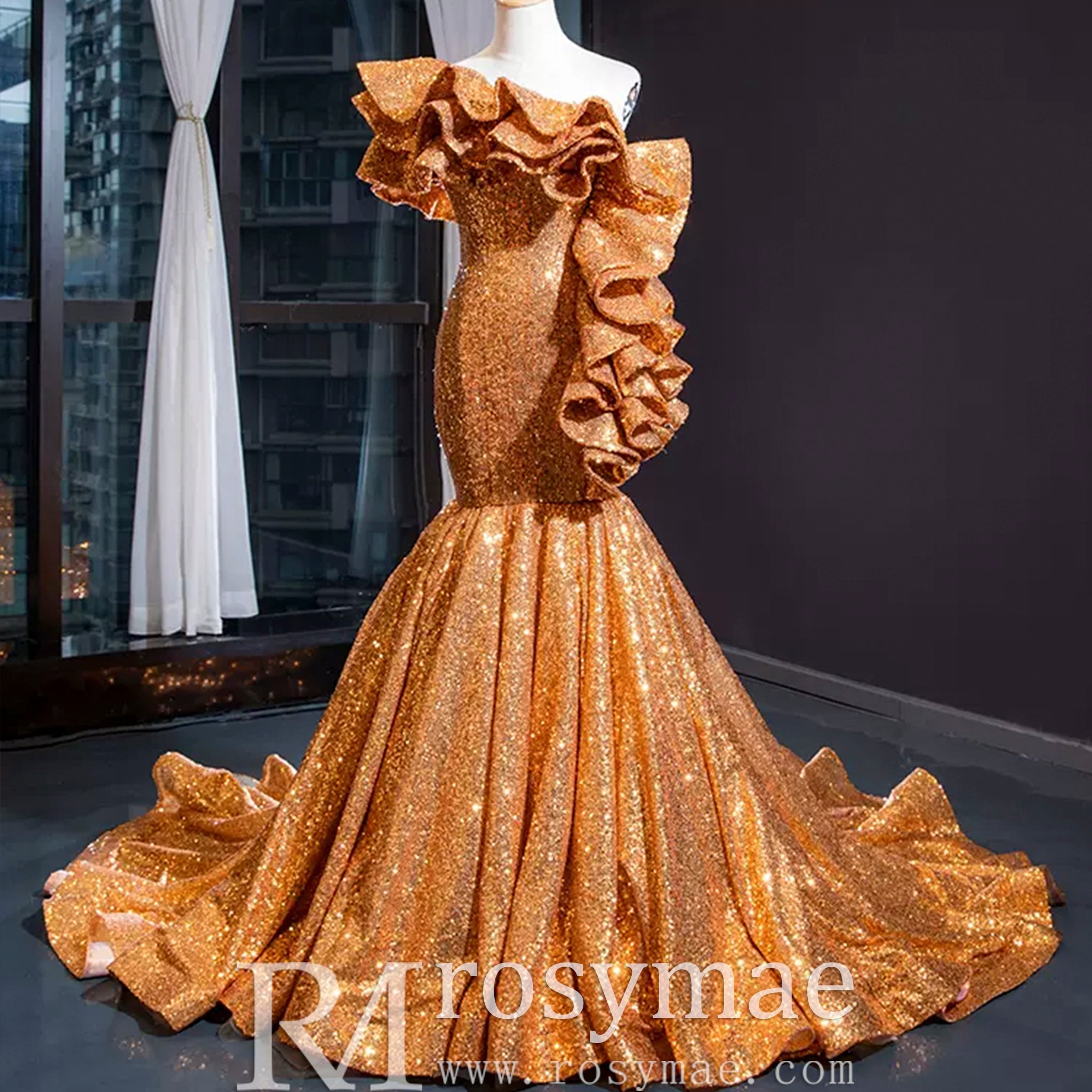 Luxury Gold Sequin Mermaid Wedding Dress Glittery Pageant Gown - Rosymae
