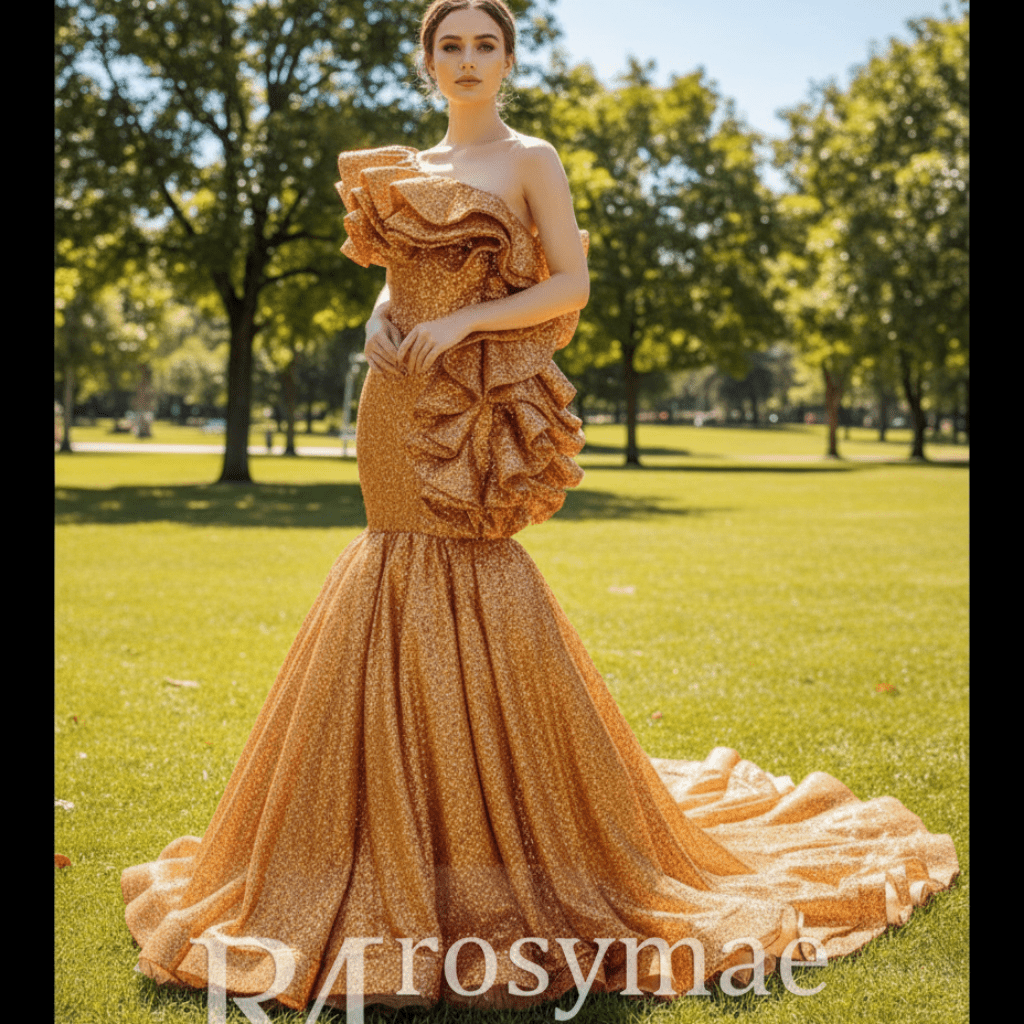 Luxury Gold Sequin Mermaid Wedding Dress Glittery Pageant Gown - Rosymae