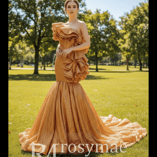 Luxury Gold Sequin Mermaid Wedding Dress Glittery Pageant Gown - Rosymae