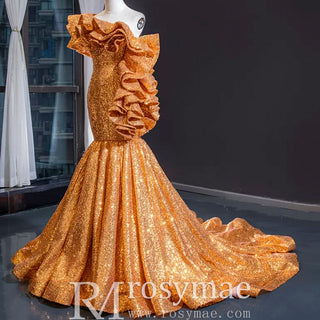 Luxury Gold Sequin Mermaid Wedding Dress Glittery Pageant Gown - Rosymae