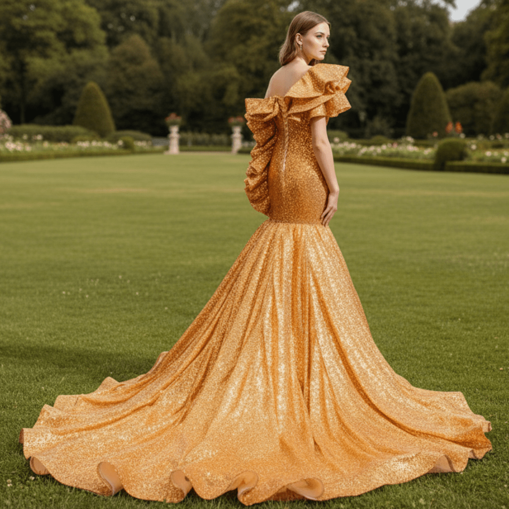 Luxury Gold Sequin Mermaid Wedding Dress Glittery Pageant Gown - Rosymae