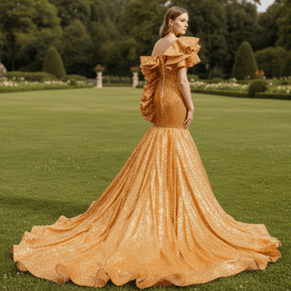 Luxury Gold Sequin Mermaid Wedding Dress Glittery Pageant Gown - Rosymae