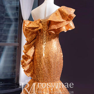 Luxury Gold Sequin Mermaid Wedding Dress Glittery Pageant Gown - Rosymae