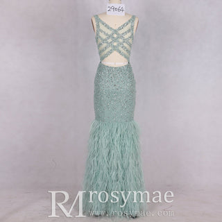 Luxury Green Sequin & Feather Mermaid Prom Gown Evening Dress - Rosymae