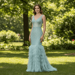 Luxury Green Sequin & Feather Mermaid Prom Gown Evening Dress - Rosymae