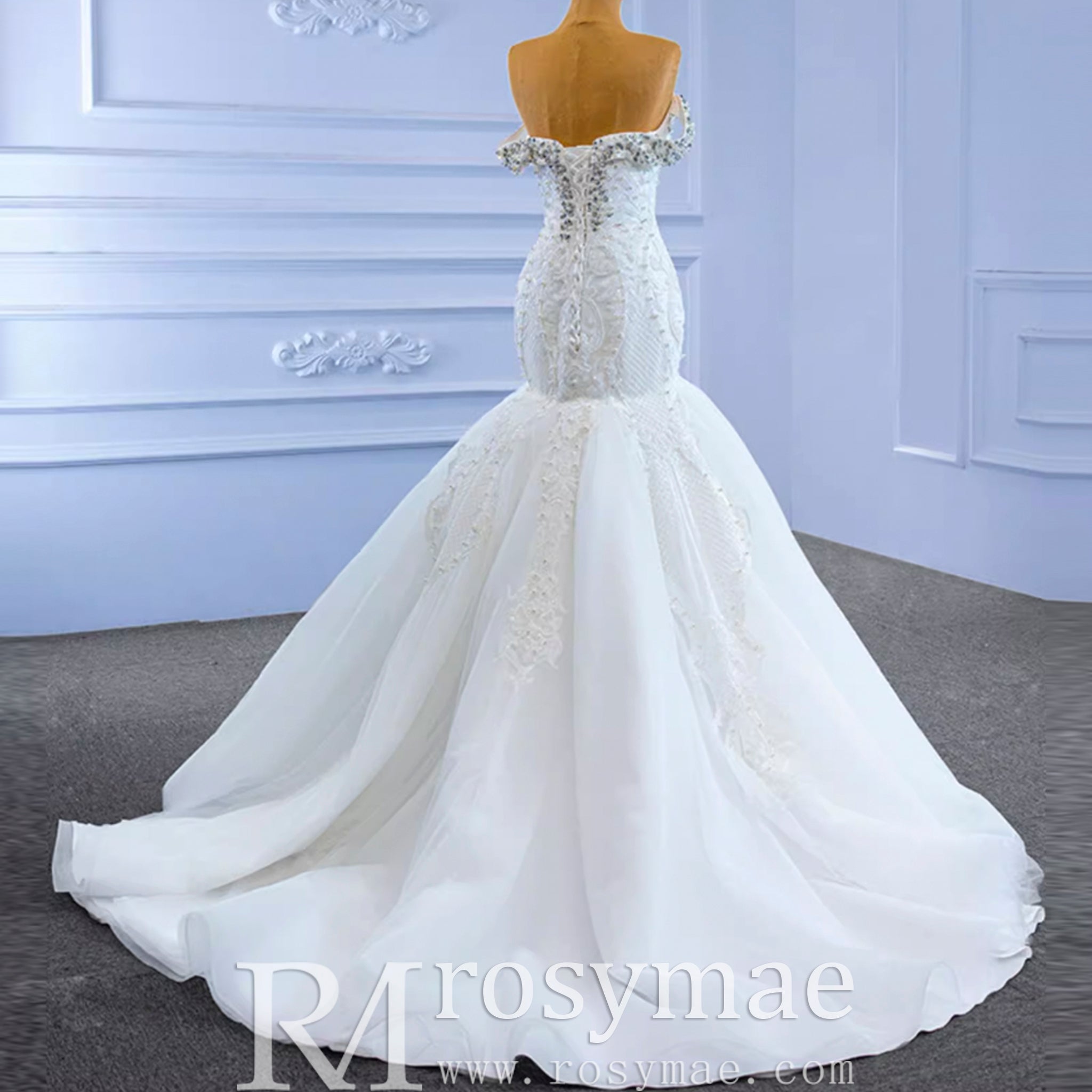 Luxury Handmade Pearl Wedding Dress with Detachable Skirt - Rosymae