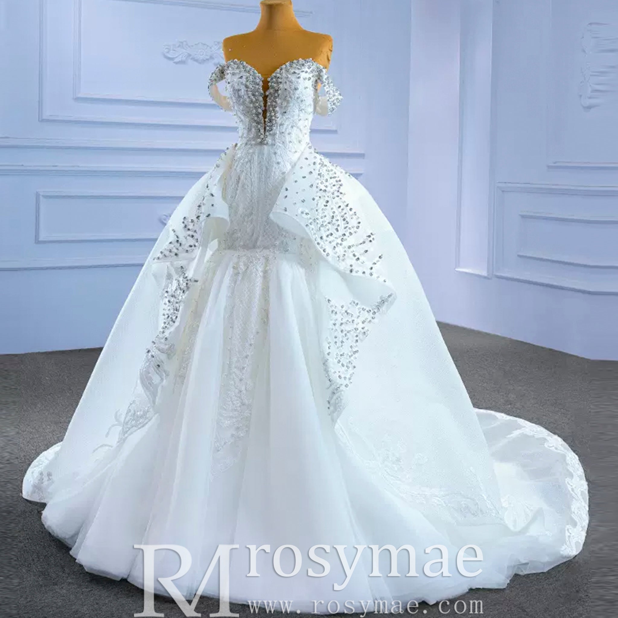 Luxury Handmade Pearl Wedding Dress with Detachable Skirt - Rosymae