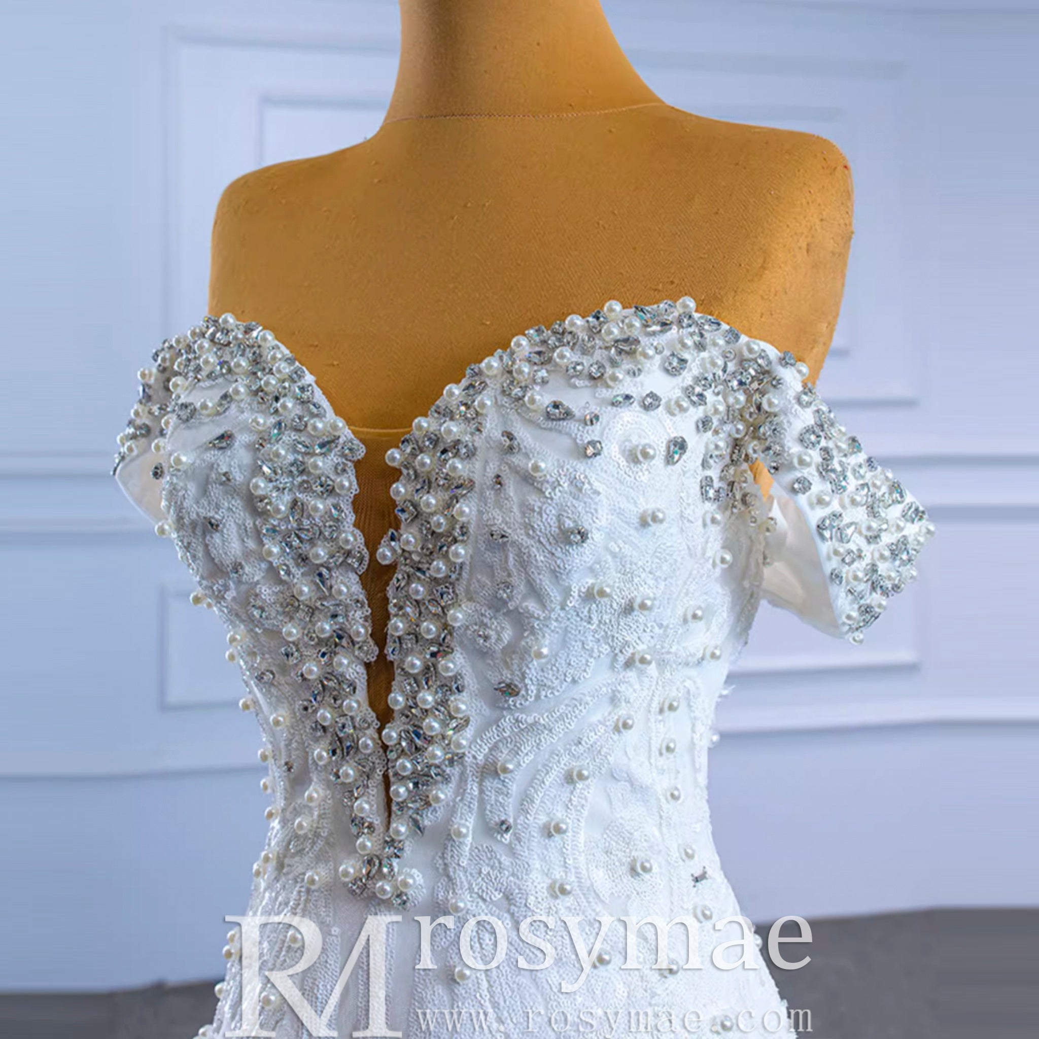 Luxury Handmade Pearl Wedding Dress with Detachable Skirt - Rosymae