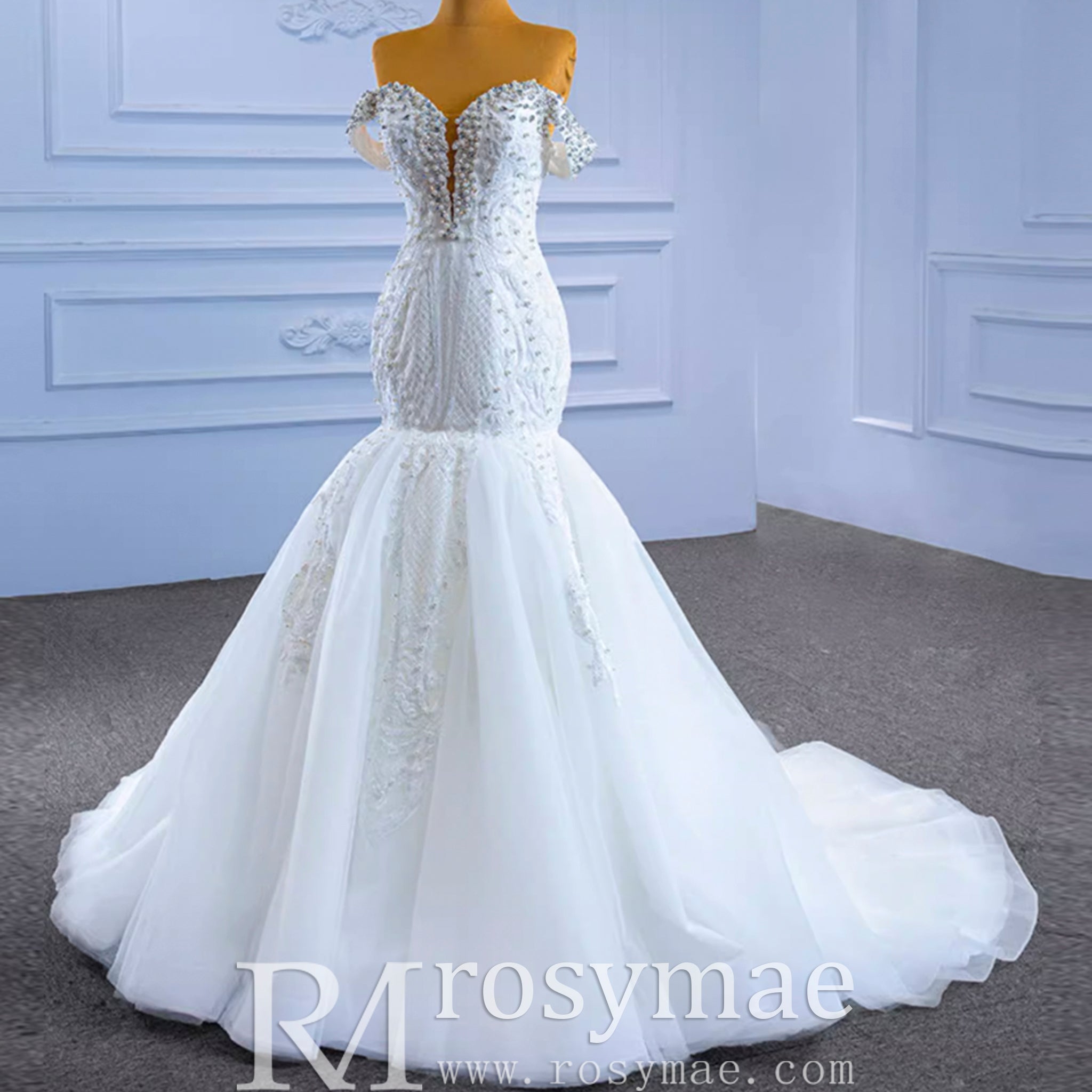 Luxury Handmade Pearl Wedding Dress with Detachable Skirt - Rosymae
