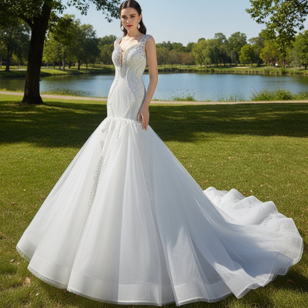 Luxury Handmade Pearl Wedding Dress with Detachable Skirt - Rosymae